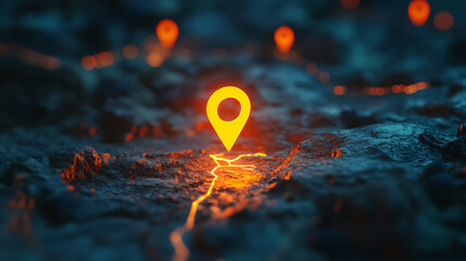Poster - Glowing location pin on an interactive map with multiple trails, representing the concept of route hideout and tracking in real time, with an orange glow and blurred background