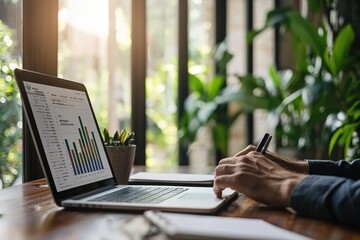 Leinwandbilder - Person Using Laptop to Analyze Data with Graphs on a Screen