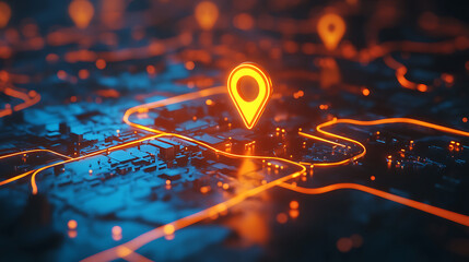 Poster - Glowing location pin on an interactive map with multiple trails, representing the concept of route hideout and tracking in real time, with an orange glow and blurred background
