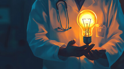 Poster - Illuminated light bulb held by a medical professional symbolizing hope and innovation in healthcare technology amidst the challenges of the covid19 pandemic digital illustration