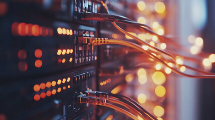 Poster - Intricate network cables on shimmering fiber optic background data center infrastructure closeup