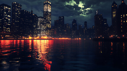 Wall Mural - Illuminated chicago skyline at night glowing skyscrapers reflecting in the calm water digital art