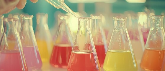 Aufkleber - A Pipette Dripping Liquid into a Flask Surrounded by Other Flasks Filled with Colorful Liquids