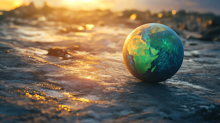 Poster - Imaginative concept of vibrant earth planet on ground representing optimism and bright side of life 3d rendering