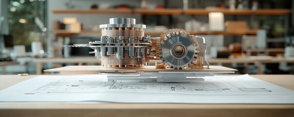 Poster - Complex Mechanical Gear System on a Blueprint