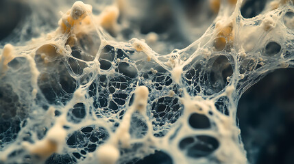 Fototapete - Intricate network of mycelium threads fascinating closeup of fungal vegetative structure science photography