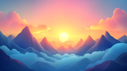 Aufkleber - Majestic mountain landscape with colorful sky and clouds 2d illustration