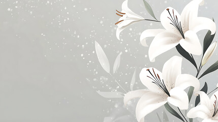 Poster - Minimalist sympathy card with delicate lily flowers on muted grey background concept illustration