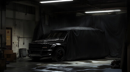 Poster - Mysterious new suv under black fabric in dark garage digital concept illustration
