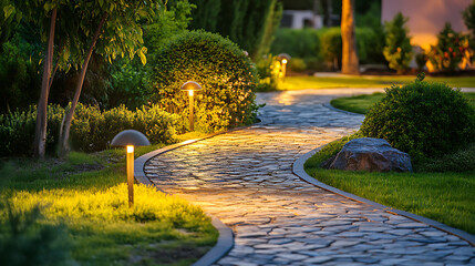 Poster - Modern landscaping design with illuminated pathway and ambient lighting in residential garden night scene
