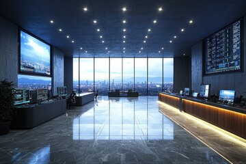 Fototapete - Modern Office Space with City View and Large Screens