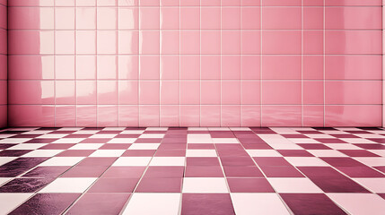 Wall Mural - Pink tile wall and checkered floor texture in bathroom ceramic mosaic background