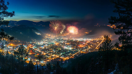 Poster - Panoramic photo of fireworks over a city, with a long exposure, vibrant colors, night sky, fireworks in the distance