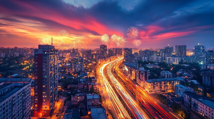 Poster - Panoramic photo of fireworks over a city, with a long exposure, vibrant colors, night sky, fireworks in the distance