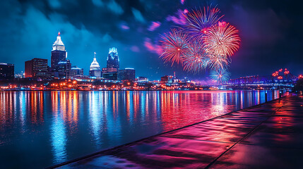 Aufkleber - Panoramic photo of fireworks over a city, with a long exposure, vibrant colors, night sky, fireworks in the distance