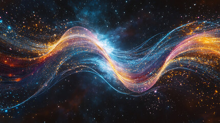 Leinwandbilder - Two large lines that almost touch each other, with digital data flowing between them, surrounded by colorful glowing light curves on a dark blue background