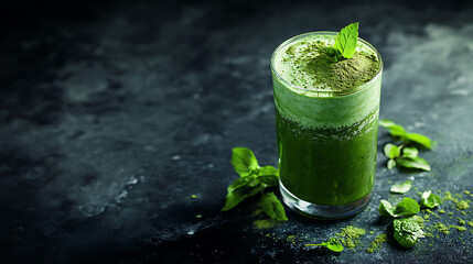 Poster - Organic matcha green tea powder and drink healthy beverage on black background