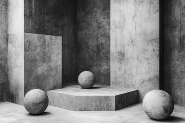 Poster - Three Concrete Spheres on a Hexagonal Platform in a Minimalist Concrete Room