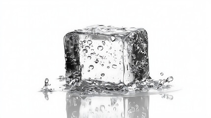 Poster - Realistic ice cube with water drops on white background high resolution png