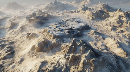 Aufkleber - Realistic 3d rendering of military game environment with rugged terrain and structures