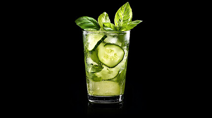 Poster - Refreshing mojito cocktail with lime mint cucumber and basil dark background food photography