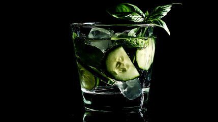 Poster - Refreshing mojito cocktail with lime mint cucumber and basil dark background food photography