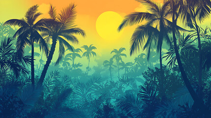 Poster - Retrostyle neon illustration of tropical background with palm trees and sun at sunset or dawn digital art