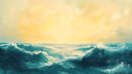Aufkleber - Romantic gold sky and teal ocean waves abstract seascape painting with copy space