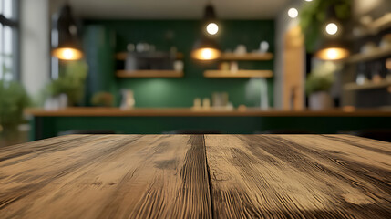 Aufkleber - Rustic wooden table top with blurred modern green kitchen interior background contemporary home design 3d illustration