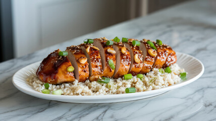 Wall Mural - A plate of meat with rice and green onions. The meat is cut into pieces and is served on a white plate