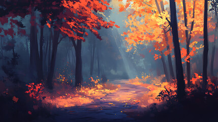 Aufkleber - Serene autumn forest landscape with vibrant fall foliage winding path and gentle sunlight digital painting