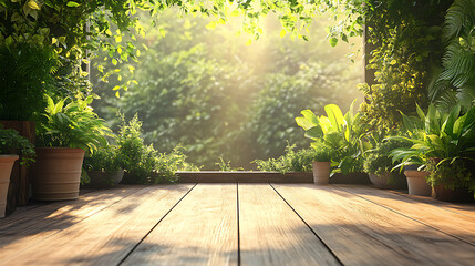 Aufkleber - Serene backyard patio with wooden floor and natural greenery background 3d illustration