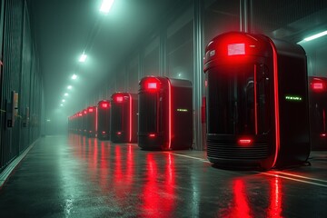 Poster - Row of Futuristic Servers in a Data Center with Red Lights