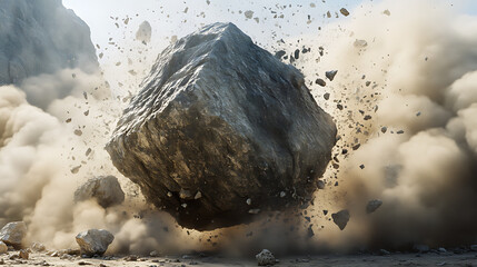 Aufkleber - Shattered rock boulder exploding into dust and debris abstract 3d render
