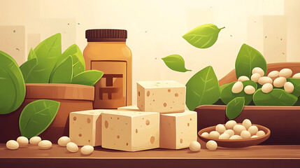 Poster - Soy sensations cartoon illustration of versatile soybean ingredients from tofu to miso highlighting nutritious organic products vector illustration