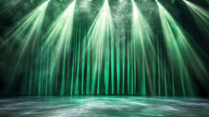 Poster - Vibrant green stage curtains illuminated by spotlights theater background