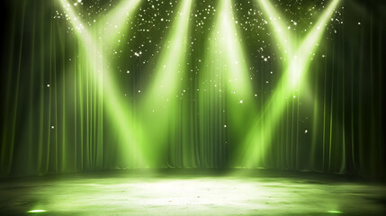 Aufkleber - Vibrant green stage curtains illuminated by spotlights theater background