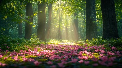 Poster - Sunbeams Illuminating a Path of Pink Petals in a Verdant Forest