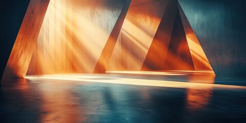 Aufkleber - Abstract Interior with Golden Light Rays and Concrete Walls
