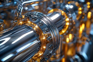 Poster - Close-up of a Shiny, Chrome-plated Industrial Pipe with a Golden Gasket