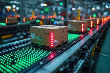 Poster - A Cardboard Box Being Scanned by a Conveyor Belt System with Red and Green Lights