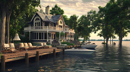 Poster - A beautiful house on the water with an oversized dock and a boat at its edge, surrounded by trees The deck features various seating areas for relaxing or socializing during summer nights