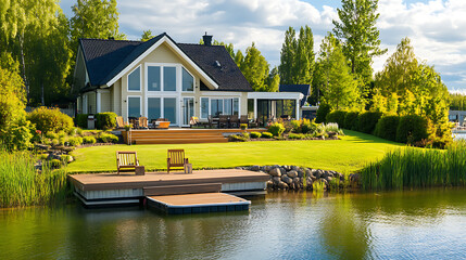 Poster - A beautiful lake house with a dock, large deck and green grassy yard In the summer, it was a sunny day