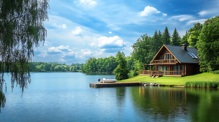 Poster - A beautiful lake house with a dock, large deck and green grassy yard In the summer, it was a sunny day