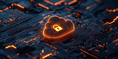 Poster - Glowing Cloud Symbol with Padlock on Circuit Board