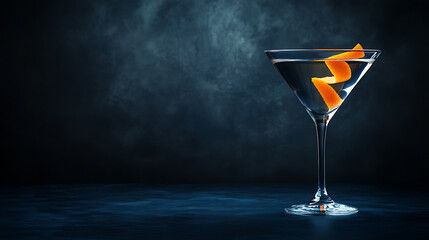 Poster - A classic martini glass with an orange twist, centered on the right side of the frame against a dark background