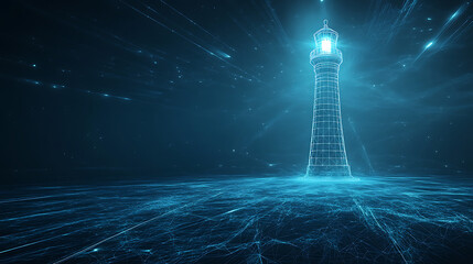 Aufkleber - A digital transformation and future vision concept featuring an abstract wireframe lighthouse in a blue cyberspace, symbolizing guidance and innovation in the digital era