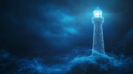 Aufkleber - A digital transformation and future vision concept featuring an abstract wireframe lighthouse in a blue cyberspace, symbolizing guidance and innovation in the digital era