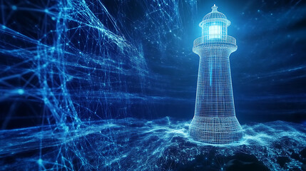 Poster - A digital transformation and future vision concept featuring an abstract wireframe lighthouse in a blue cyberspace, symbolizing guidance and innovation in the digital era