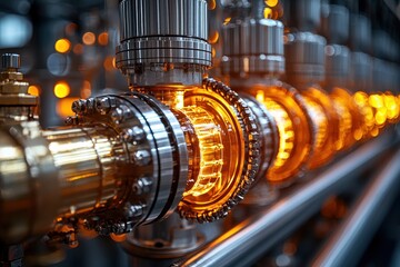 Poster - Close-up of Industrial Piping with Glowing Orange Fluid